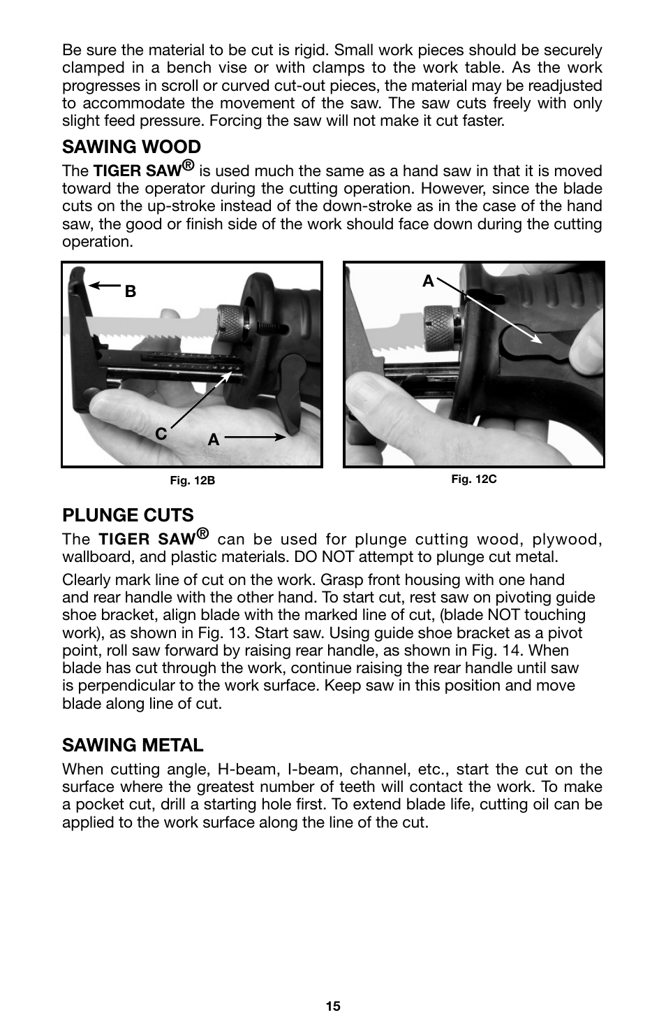 Sawing wood, Plunge cuts, Sawing metal | Porter-Cable 746 User Manual | Page 15 / 52