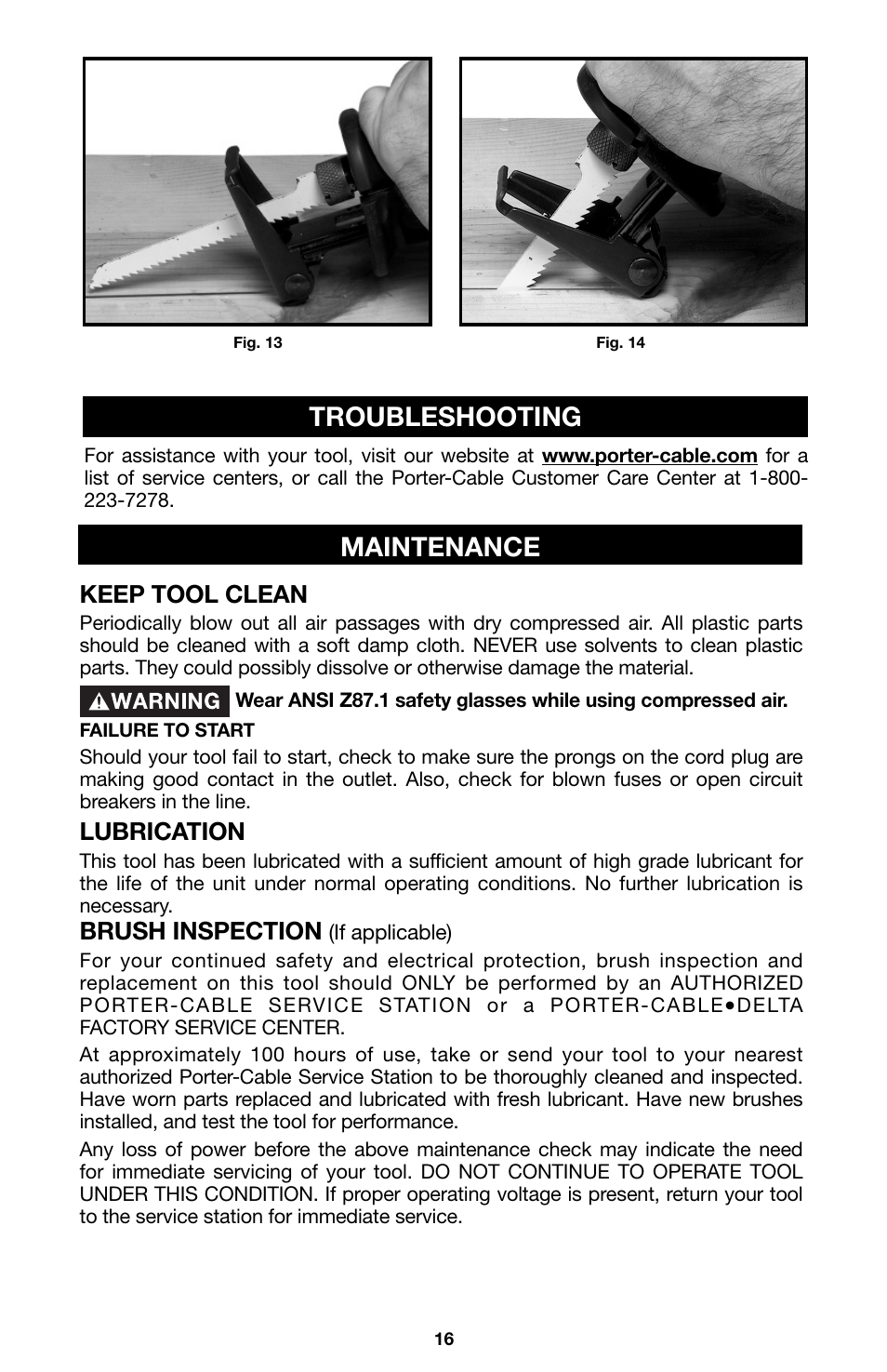 Maintenance, Troubleshooting, Keep tool clean | Lubrication, Brush inspection | Porter-Cable 746 User Manual | Page 16 / 52