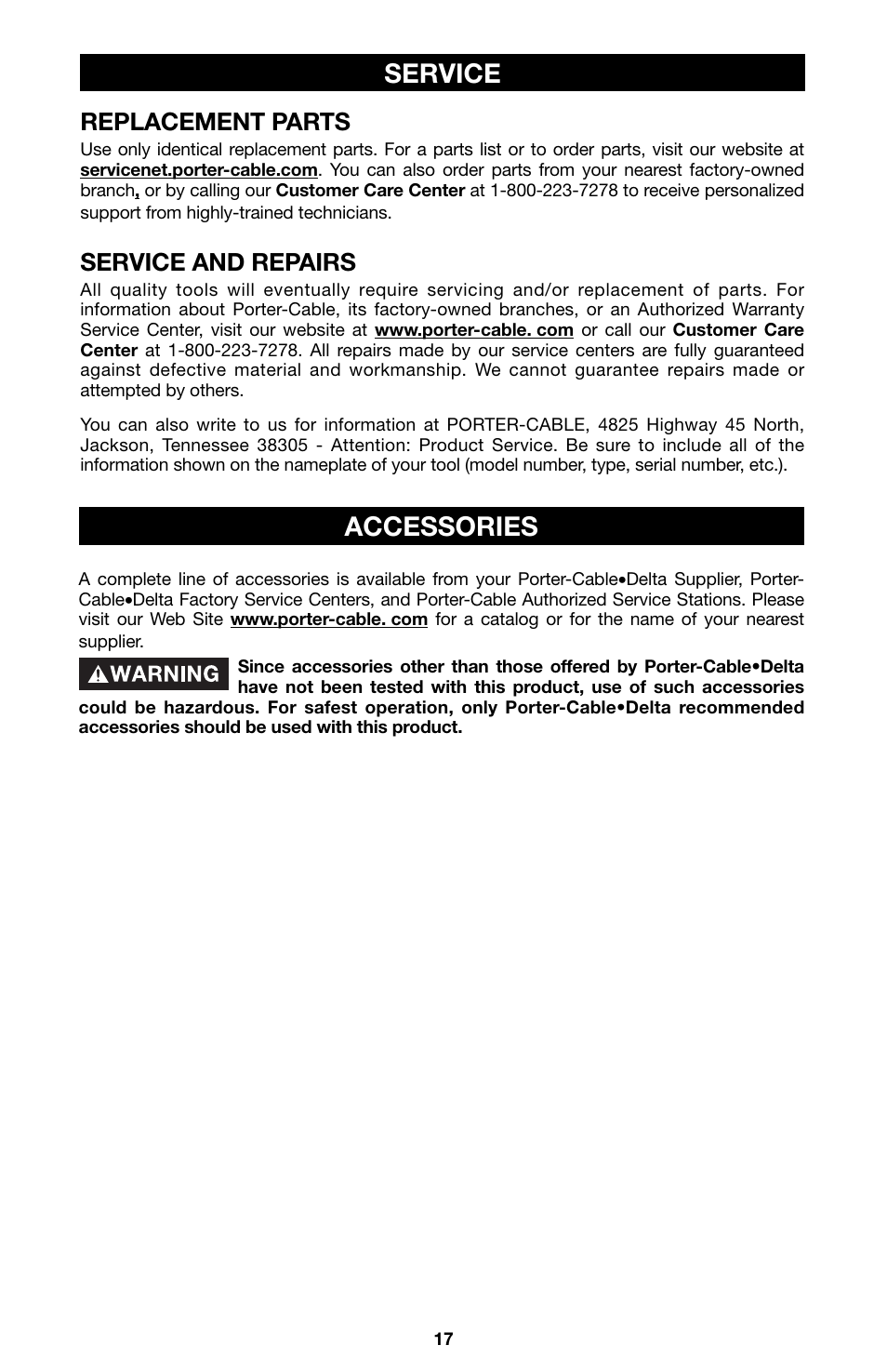Accessories, Service, Replacement parts | Service and repairs | Porter-Cable 746 User Manual | Page 17 / 52