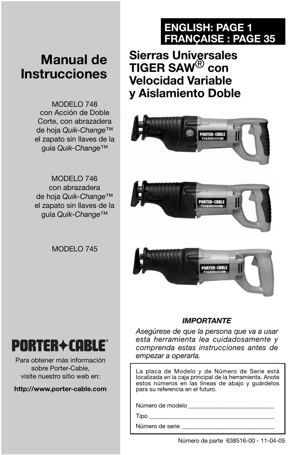 Manual de instrucciones, English: page 1 française : page 35 | Porter-Cable 746 User Manual | Page 19 / 52