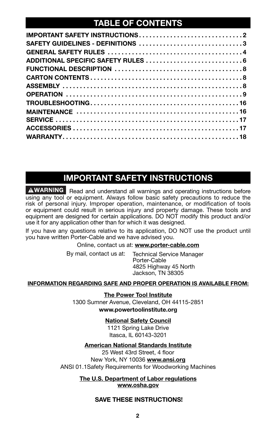 Table of contents important safety instructions | Porter-Cable 746 User Manual | Page 2 / 52