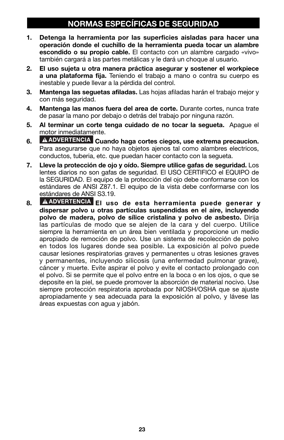 Normas específicas de seguridad | Porter-Cable 746 User Manual | Page 23 / 52