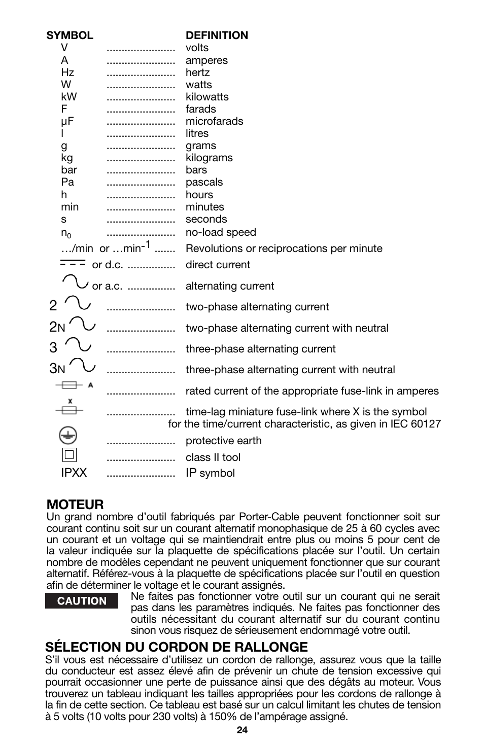 Moteur, Sélection du cordon de rallonge | Porter-Cable 746 User Manual | Page 24 / 52