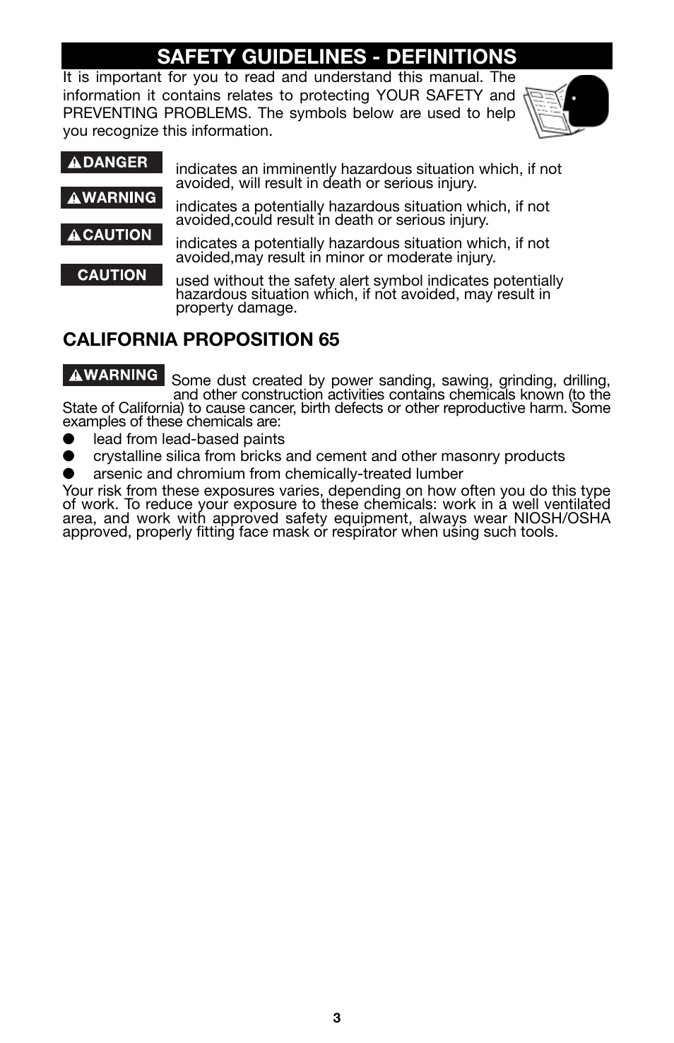 Safety guidelines - definitions, California proposition 65 | Porter-Cable 746 User Manual | Page 3 / 52