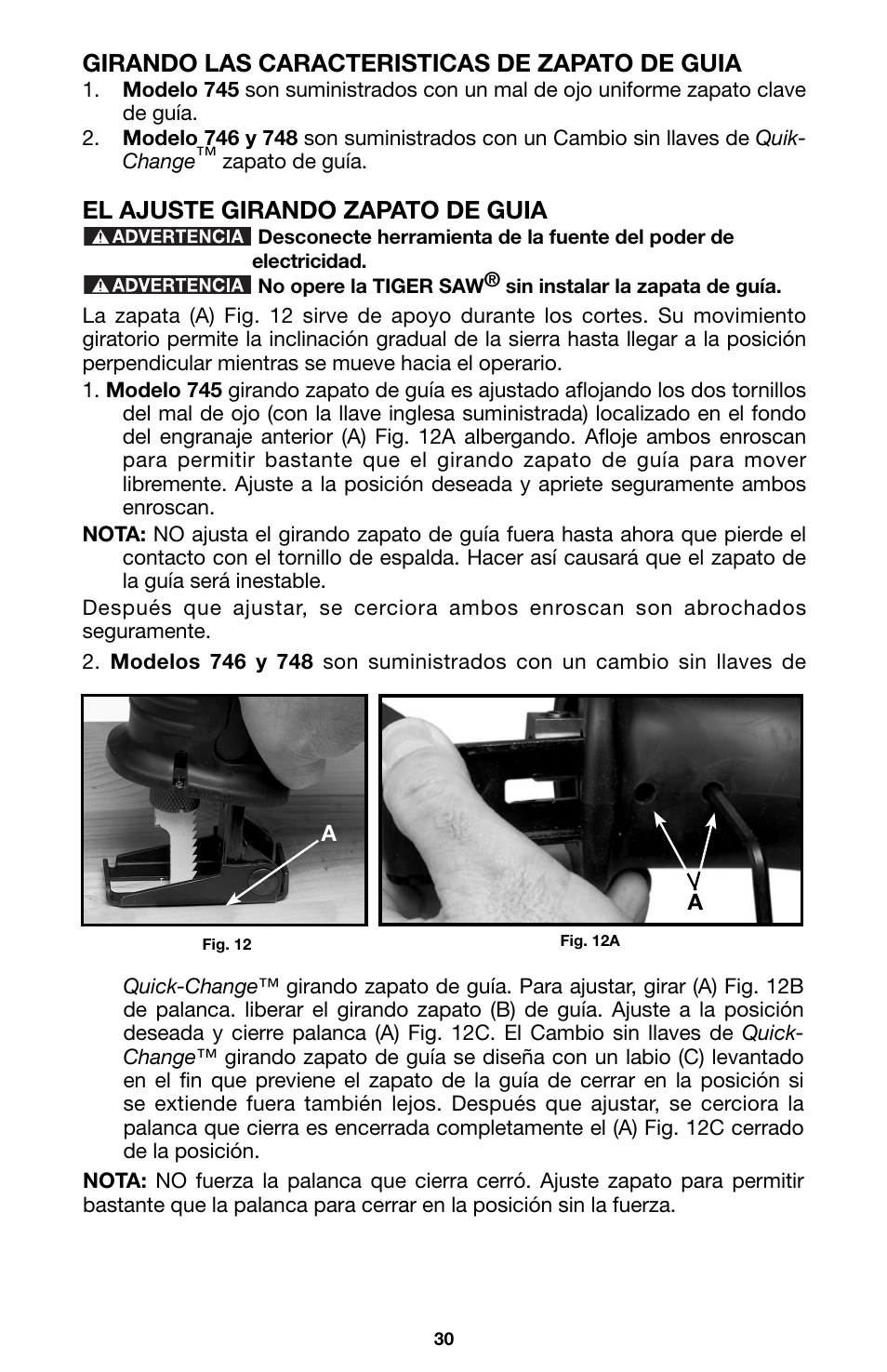 Girando las caracteristicas de zapato de guia, El ajuste girando zapato de guia | Porter-Cable 746 User Manual | Page 30 / 52