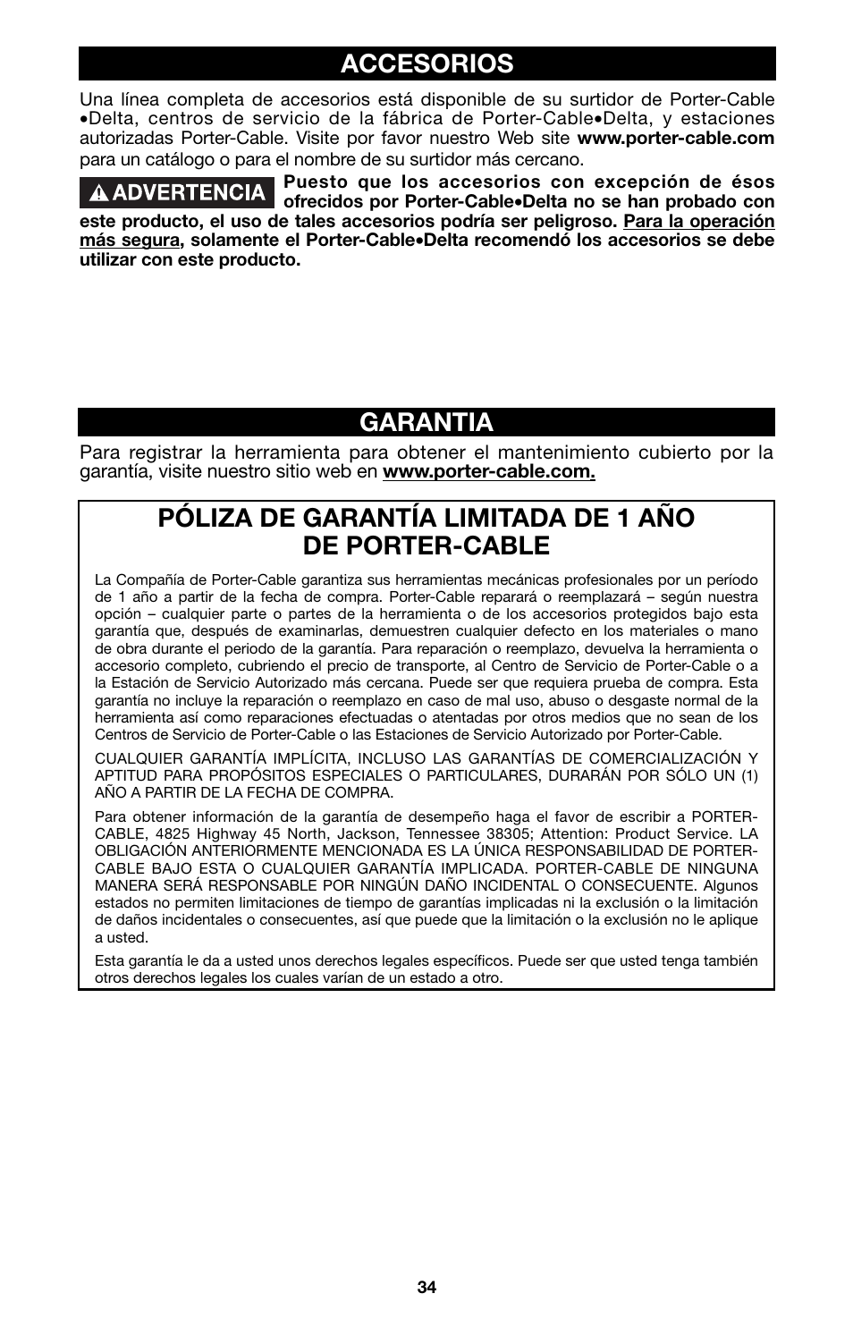 Accesorios garantia | Porter-Cable 746 User Manual | Page 34 / 52