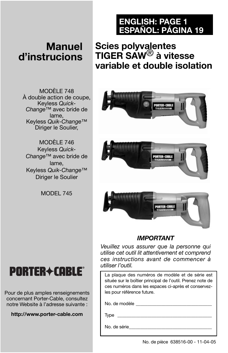 Manuel d’instrucions, English: page 1 español: página 19 | Porter-Cable 746 User Manual | Page 35 / 52