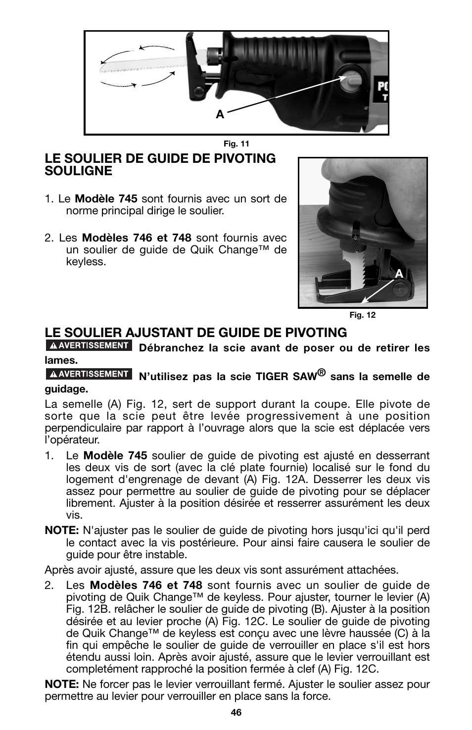 Le soulier de guide de pivoting souligne, Le soulier ajustant de guide de pivoting | Porter-Cable 746 User Manual | Page 46 / 52