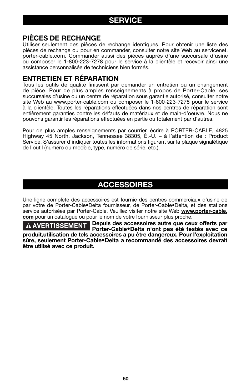 Service, Accessoires, Pièces de rechange | Entretien et réparation | Porter-Cable 746 User Manual | Page 50 / 52