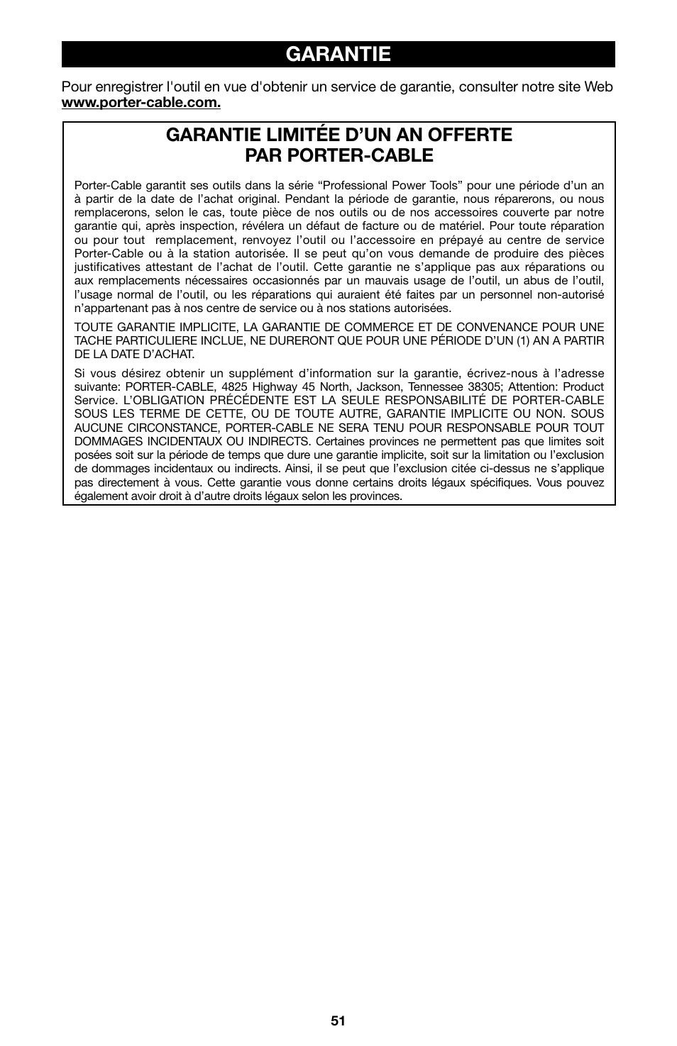 Garantie, Garantie limitée d’un an offerte par porter-cable | Porter-Cable 746 User Manual | Page 51 / 52