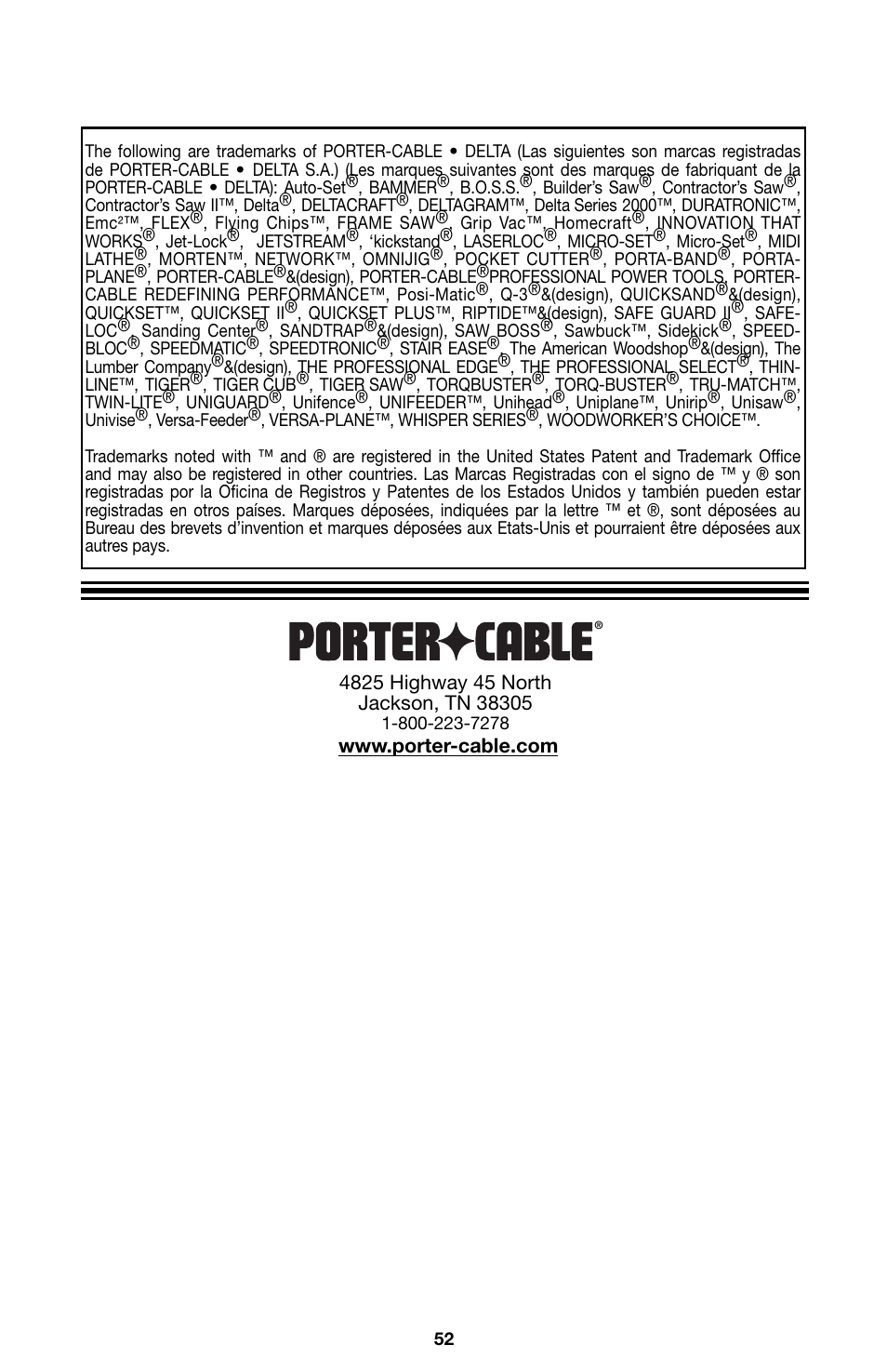 Porter-Cable 746 User Manual | Page 52 / 52
