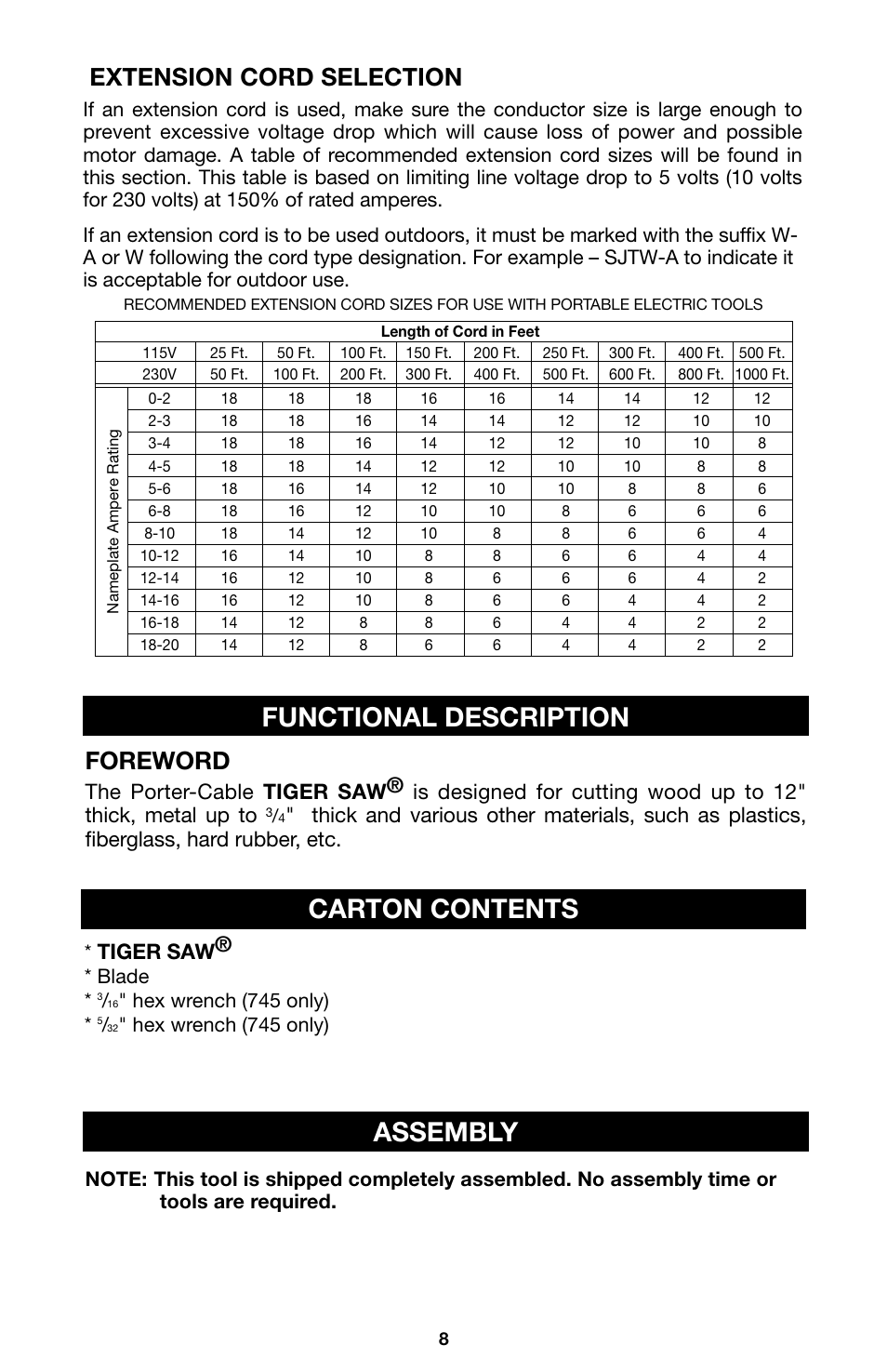 Carton contents, Functional description, Assembly | Extension cord selection, Foreword, Tiger saw, Blade, Hex wrench (745 only) | Porter-Cable 746 User Manual | Page 8 / 52