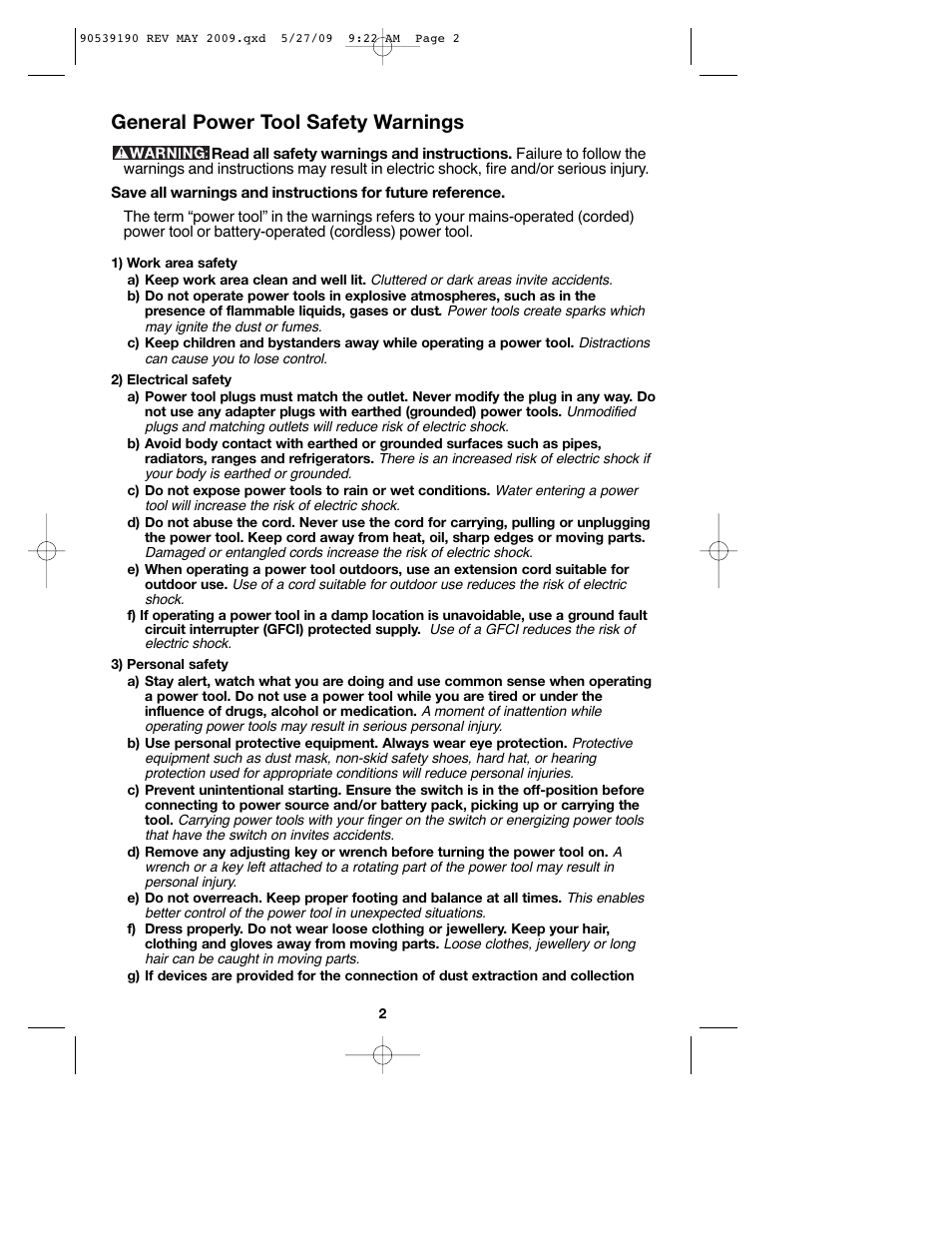 General power tool safety warnings | Porter-Cable PC13CSL User Manual | Page 2 / 44