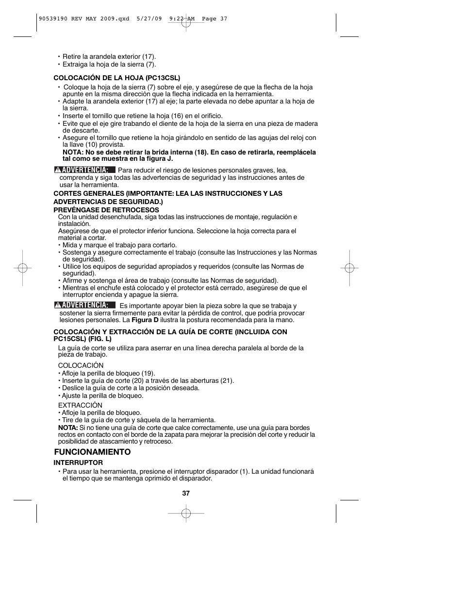 Porter-Cable PC13CSL User Manual | Page 37 / 44