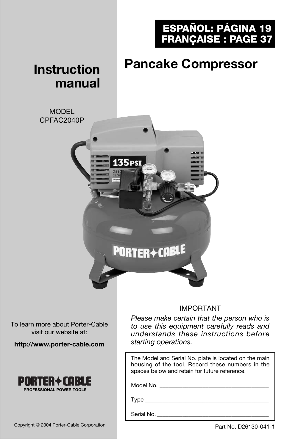 Porter-Cable CPFAC2040P User Manual | 18 pages
