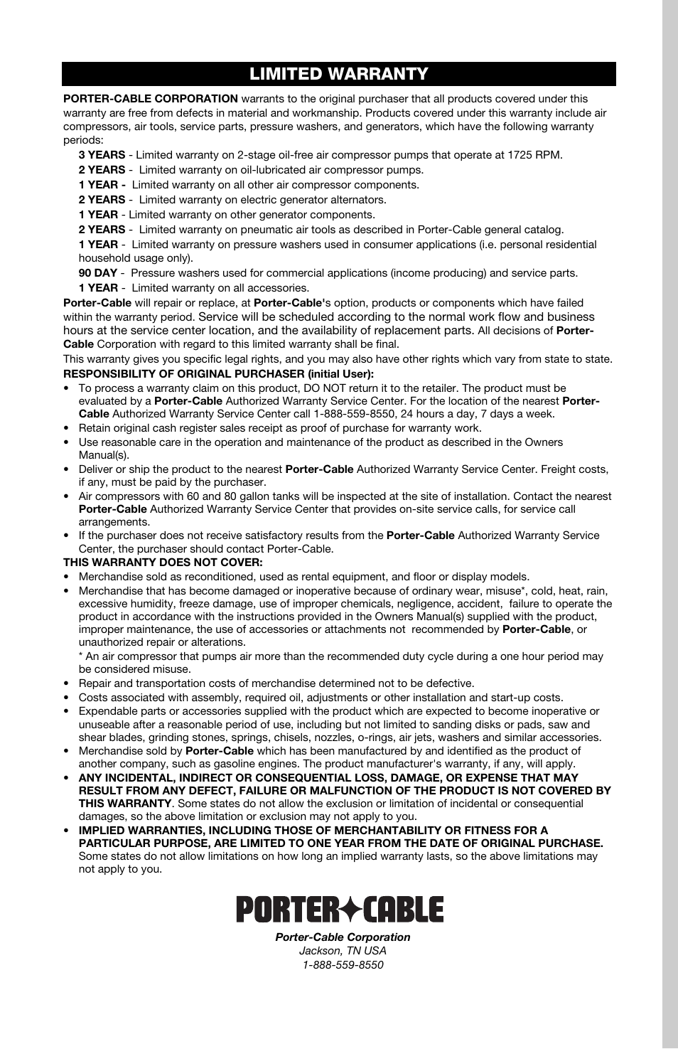 Limited warranty | Porter-Cable CPFAC2040P User Manual | Page 18 / 18