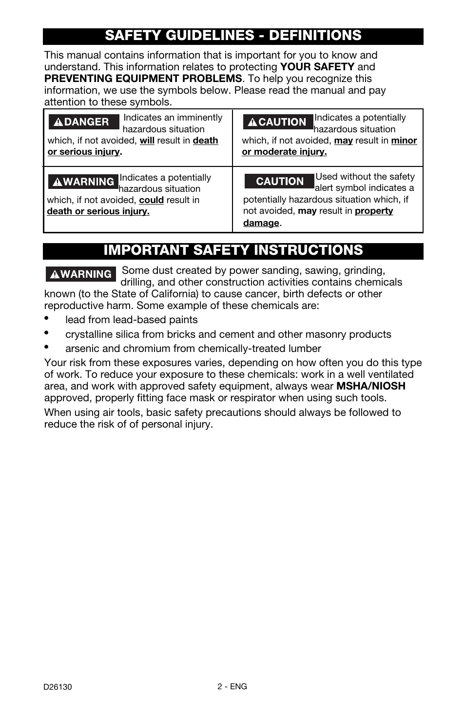 Safety guidelines - definitions, Important safety instructions | Porter-Cable CPFAC2040P User Manual | Page 2 / 18