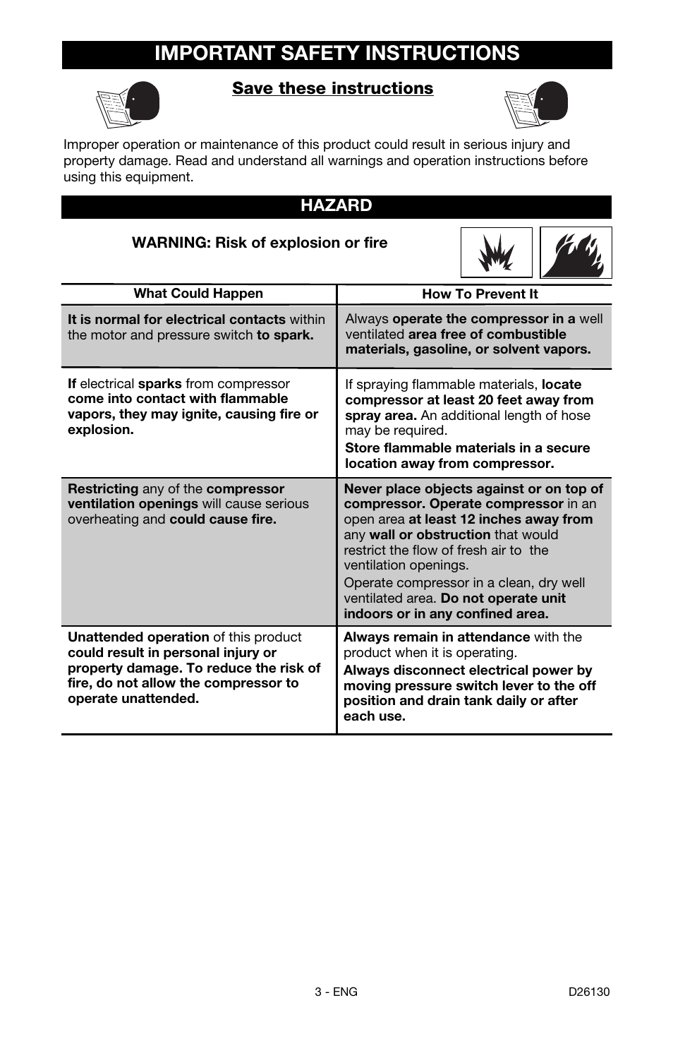 Important safety instructions, Save these instructions, Hazard | Porter-Cable CPFAC2040P User Manual | Page 3 / 18