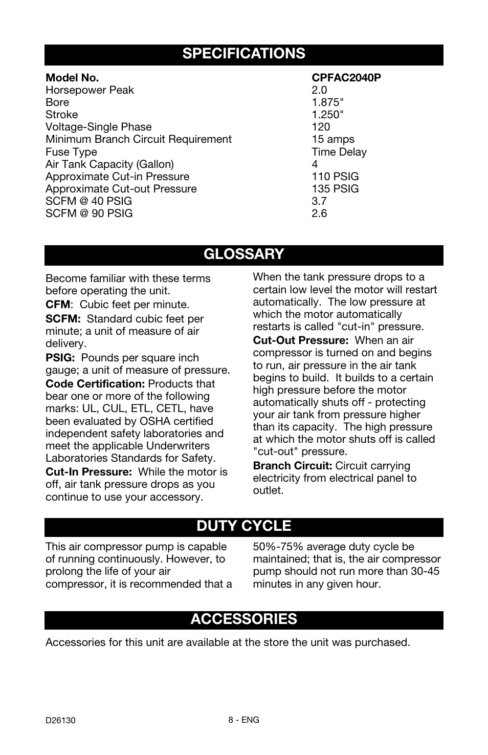 Glossary duty cycle, Accessories, Specifications | Porter-Cable CPFAC2040P User Manual | Page 8 / 18