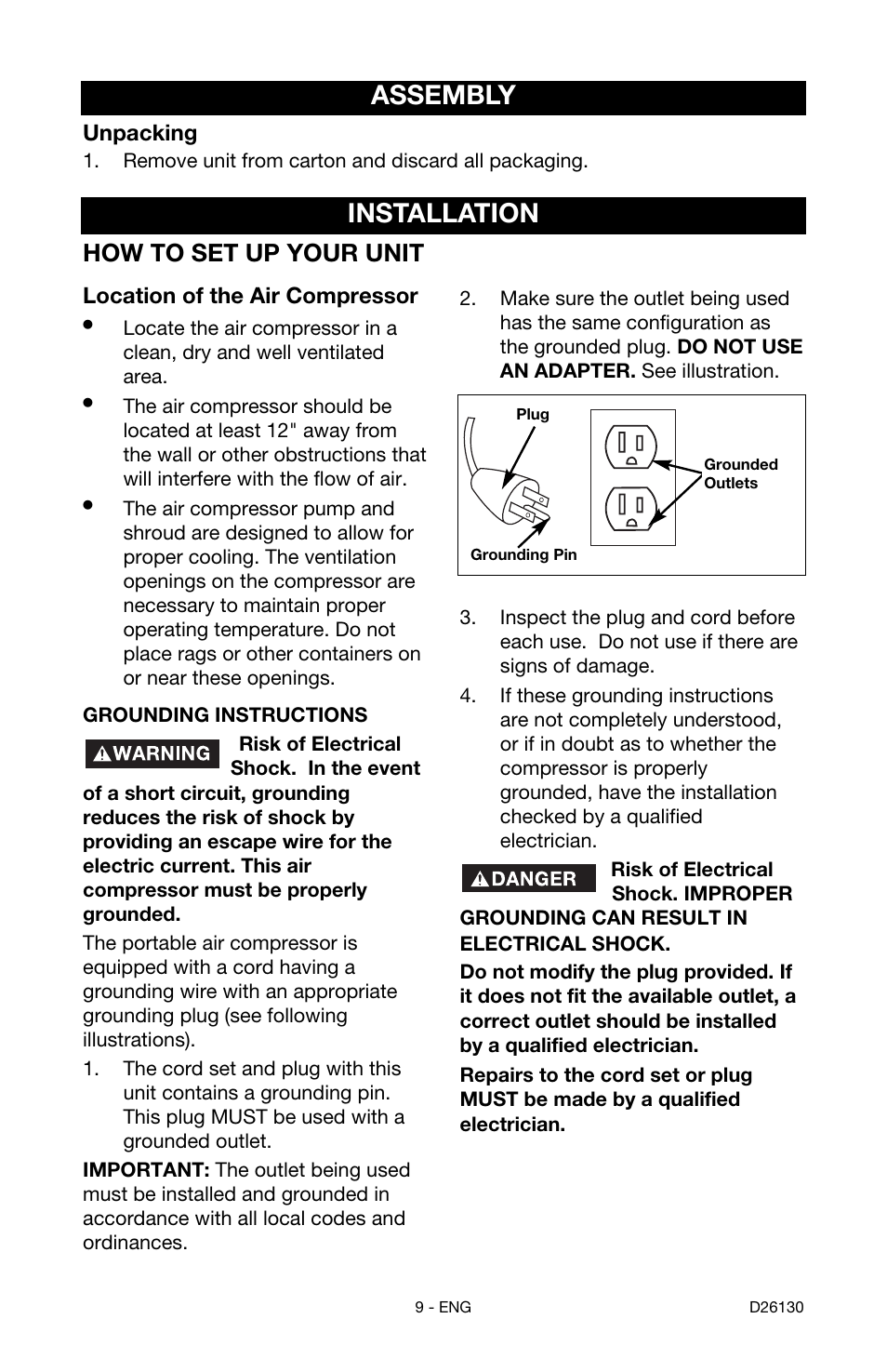 Assembly, Installation, How to set up your unit | Unpacking, Location of the air compressor | Porter-Cable CPFAC2040P User Manual | Page 9 / 18