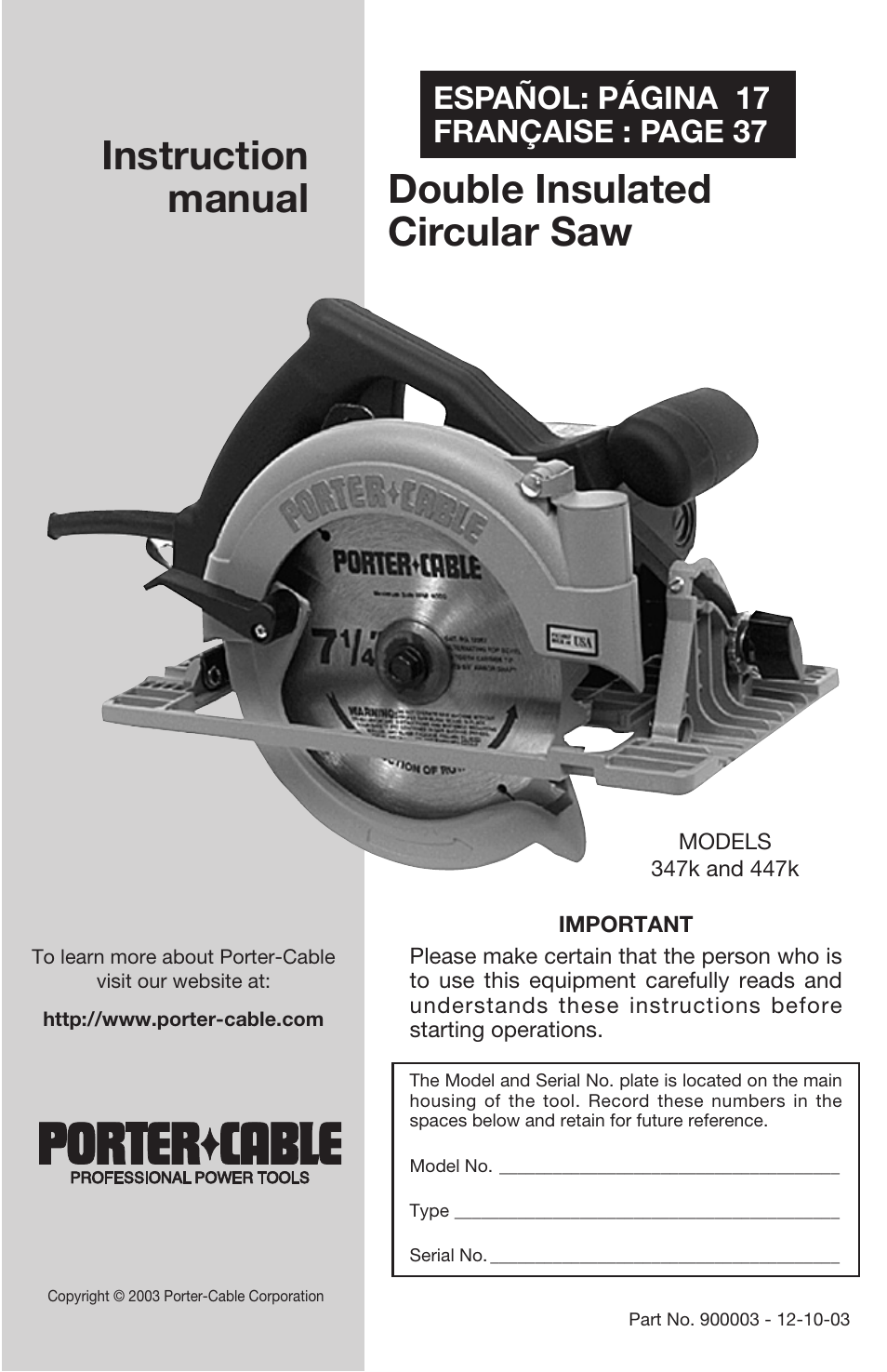 Porter-Cable 447 User Manual | 17 pages