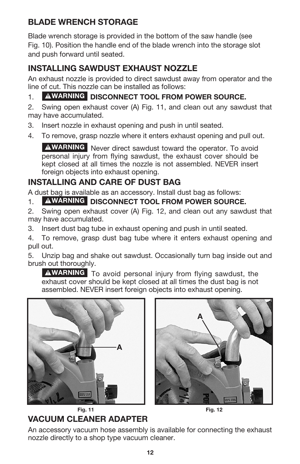 Blade wrench storage, Installing sawdust exhaust nozzle, Installing and care of dust bag | Vacuum cleaner adapter | Porter-Cable 447 User Manual | Page 12 / 17
