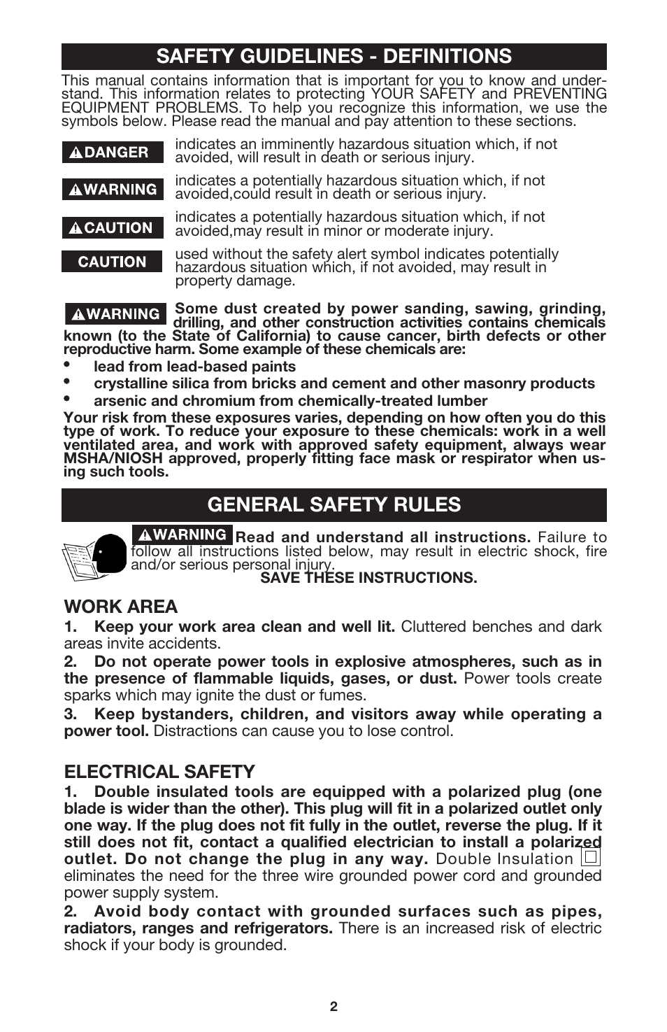 Safety guidelines - definitions, General safety rules, Work area | Electrical safety | Porter-Cable 447 User Manual | Page 2 / 17