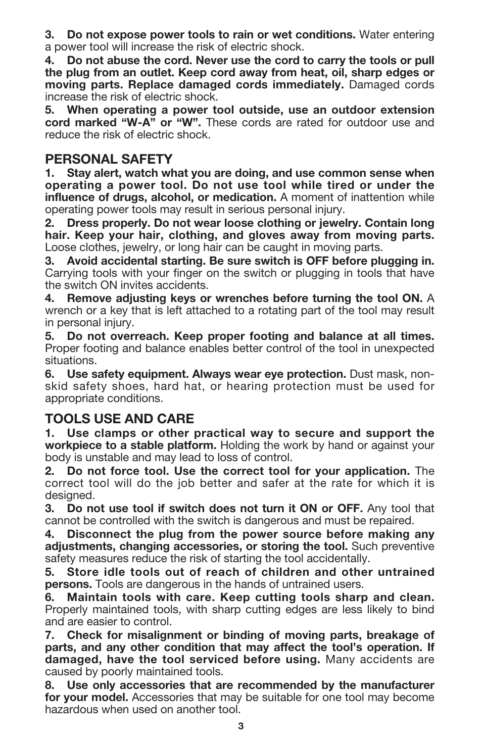 Personal safety, Tools use and care | Porter-Cable 447 User Manual | Page 3 / 17