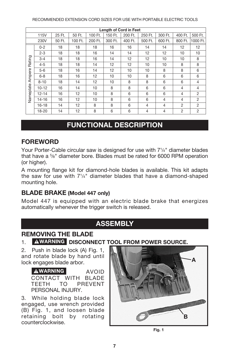 Functional description assembly, Foreword, Blade brake | Removing the blade, Diameter blades that have a | Porter-Cable 447 User Manual | Page 7 / 17