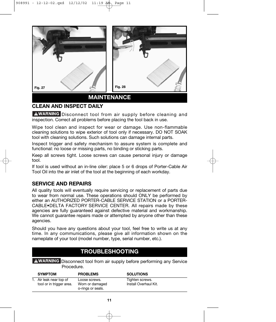 Maintenance troubleshooting, Clean and inspect daily, Service and repairs | Porter-Cable MS200 User Manual | Page 11 / 13