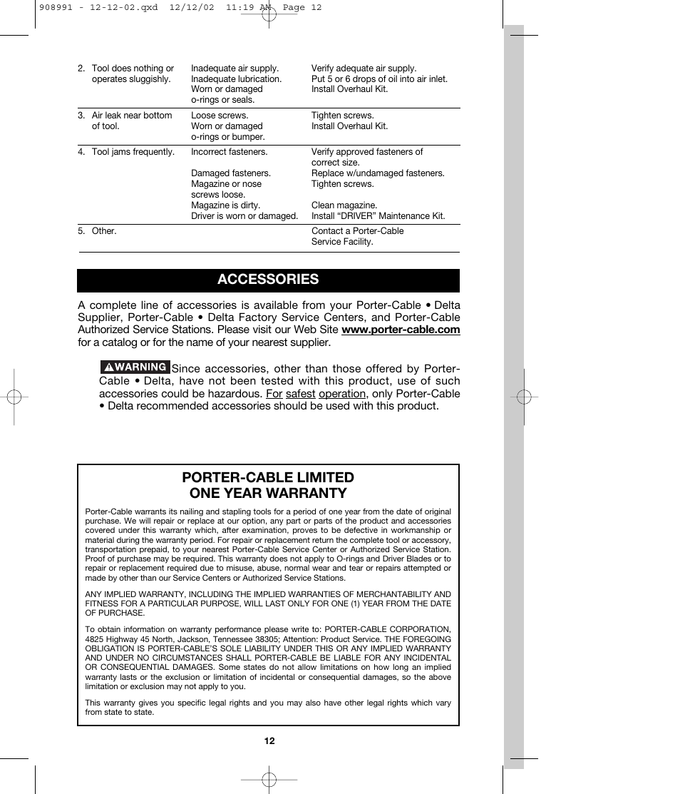 Accessories porter-cable limited one year warranty | Porter-Cable MS200 User Manual | Page 12 / 13