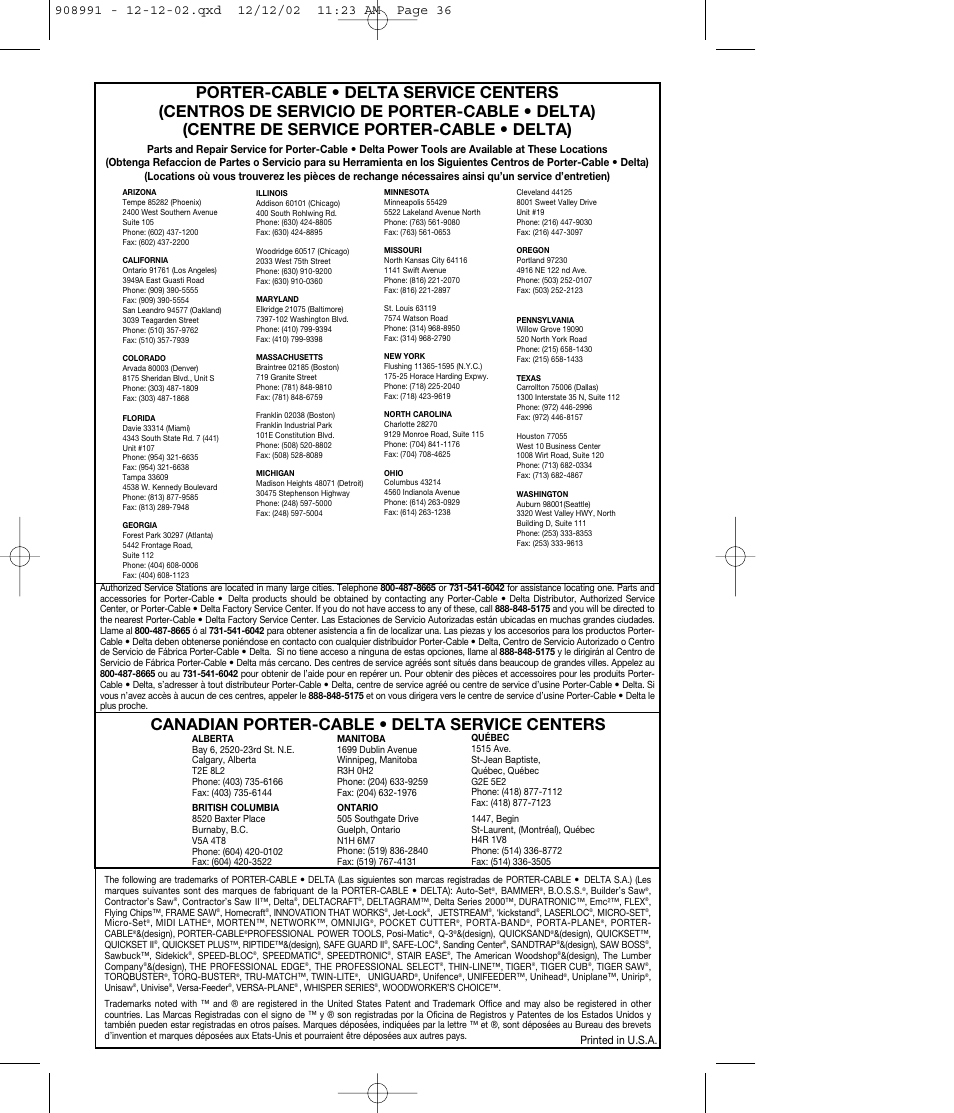 Canadian porter-cable • delta service centers, Printed in u.s.a | Porter-Cable MS200 User Manual | Page 13 / 13
