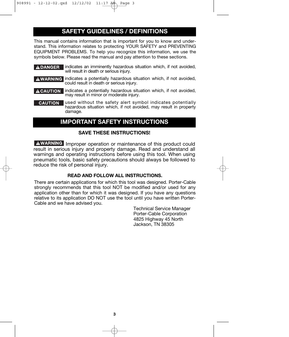 Safety guidelines / definitions, Important safety instructions | Porter-Cable MS200 User Manual | Page 3 / 13