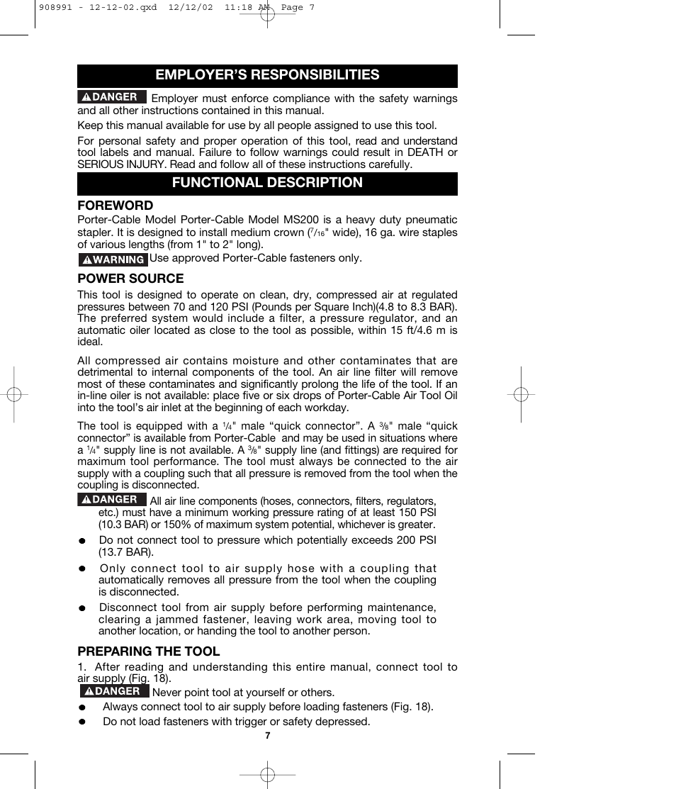 Employer’s responsibilities functional description, Foreword, Power source | Preparing the tool | Porter-Cable MS200 User Manual | Page 7 / 13