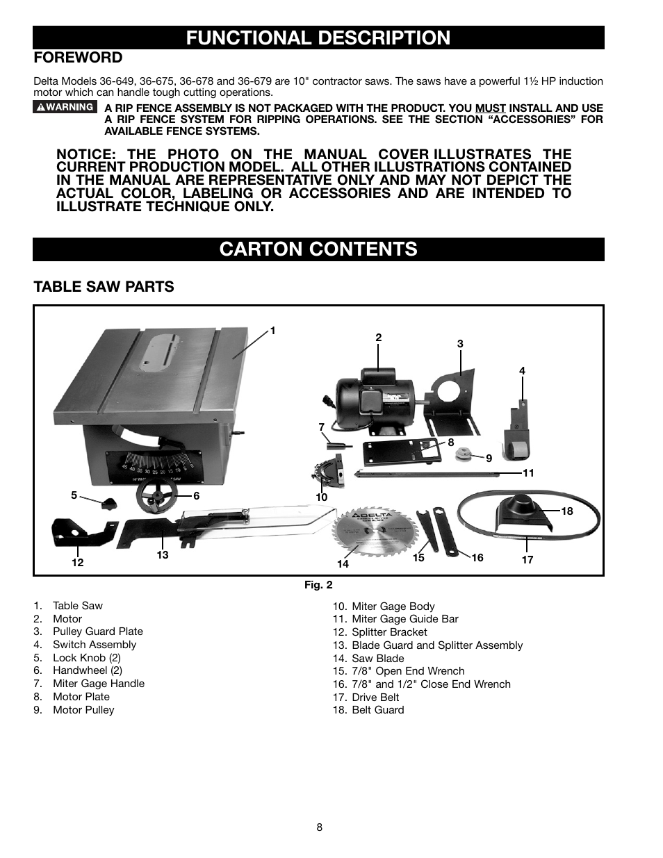 Functional description, Carton contents, Table saw parts foreword | Porter-Cable 36-678 User Manual | Page 8 / 32