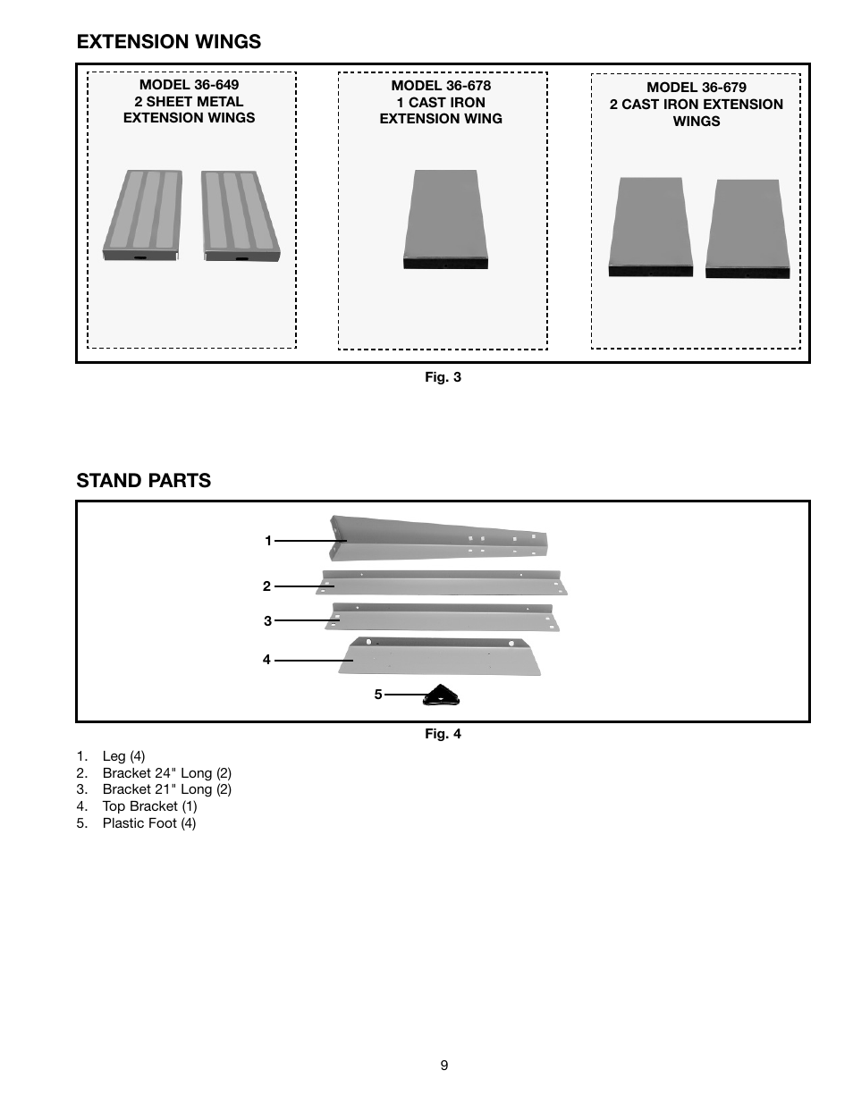 Extension wings, Stand parts | Porter-Cable 36-678 User Manual | Page 9 / 32