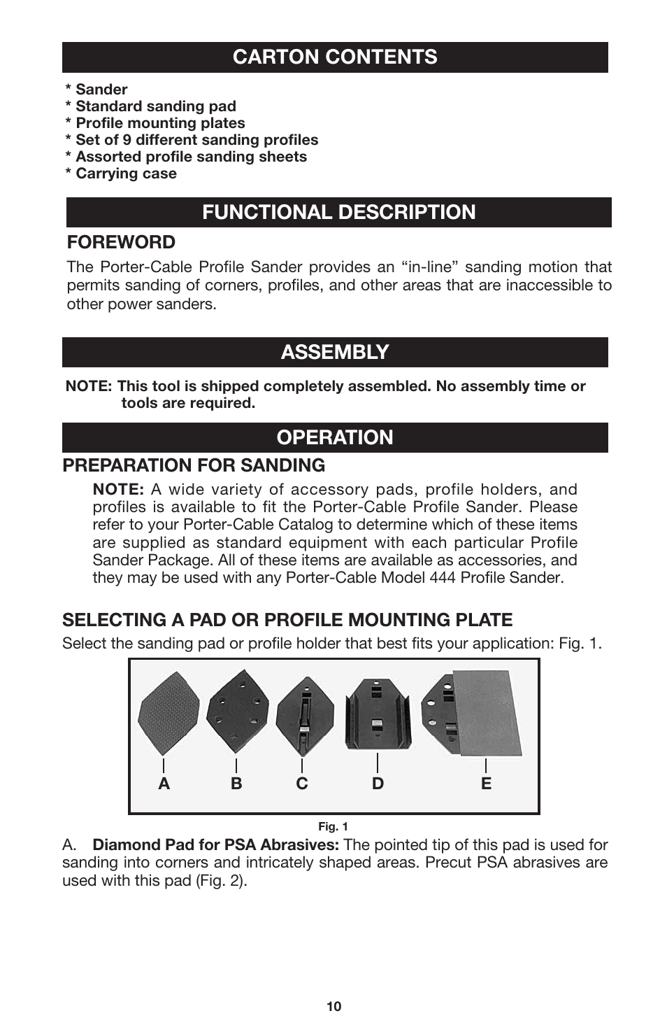 Functional description, Assembly, Carton contents operation | Porter-Cable 444vs User Manual | Page 10 / 19
