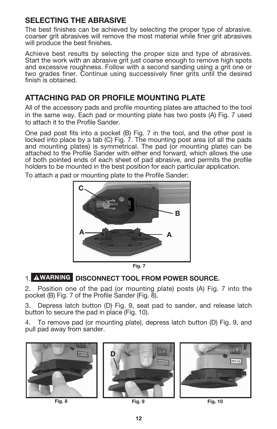 Selecting the abrasive, Attaching pad or profile mounting plate | Porter-Cable 444vs User Manual | Page 12 / 19