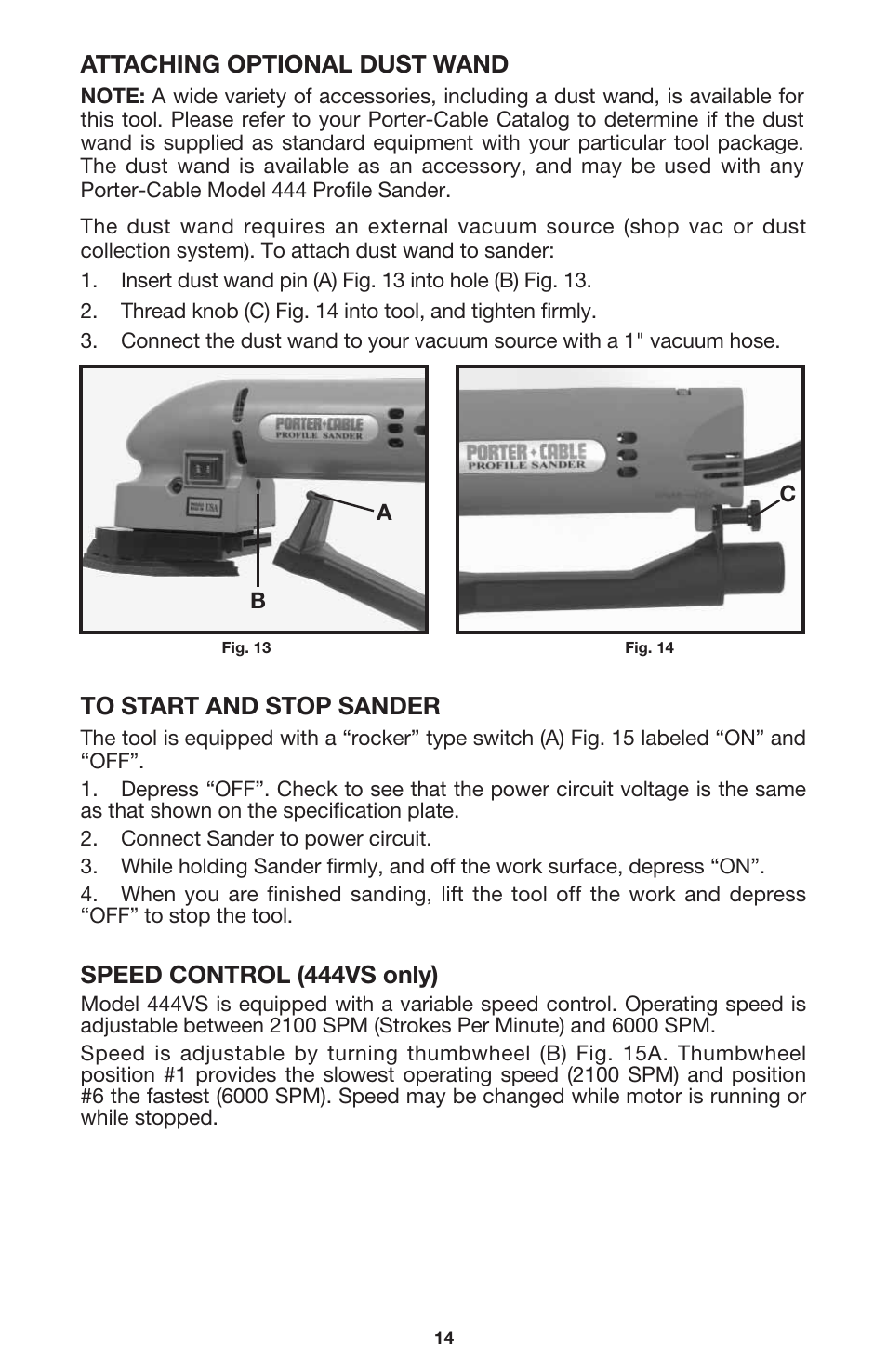 Attaching optional dust wand, Speed control (444vs only) | Porter-Cable 444vs User Manual | Page 14 / 19