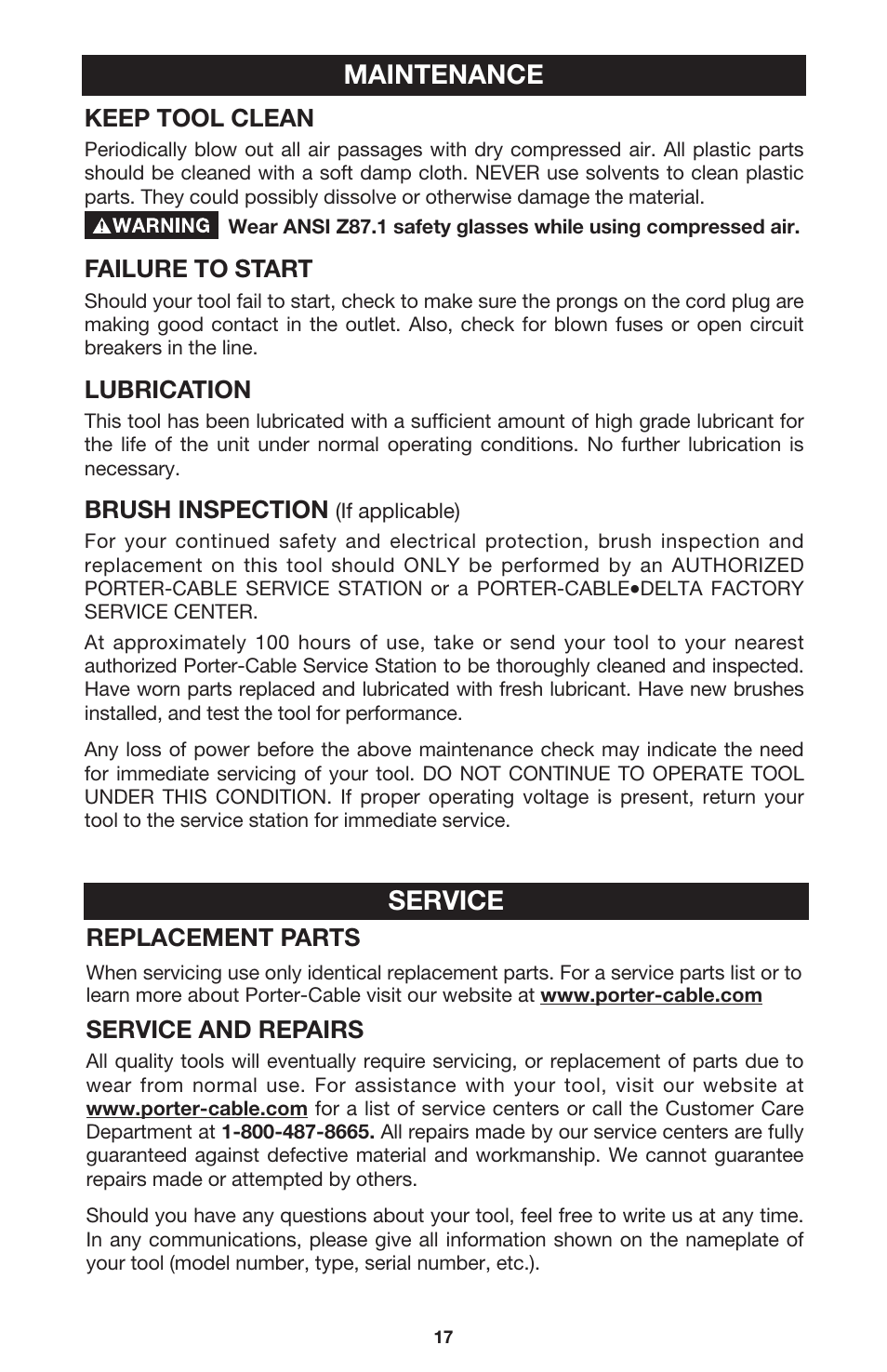 Maintenance, Service | Porter-Cable 444vs User Manual | Page 17 / 19