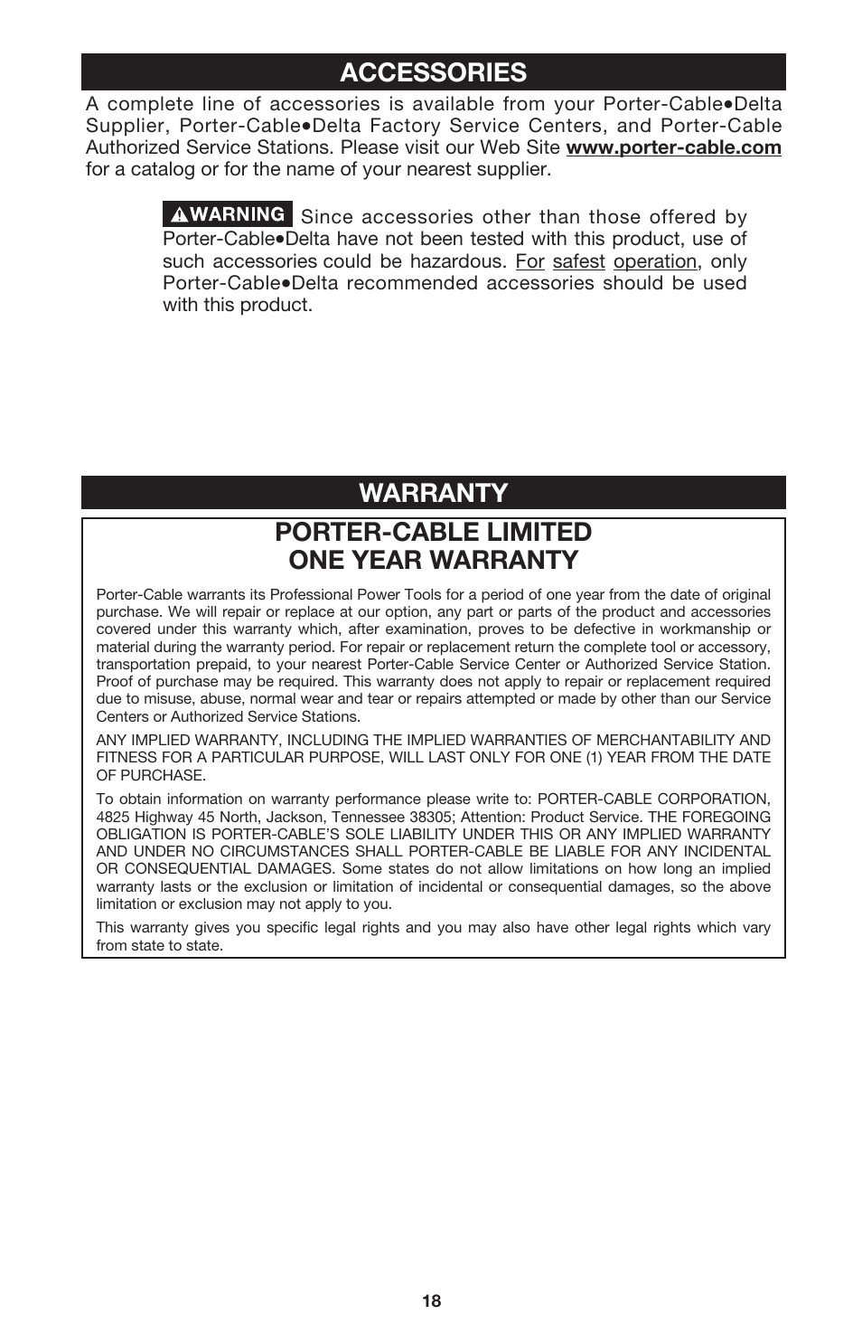 Porter-cable limited one year warranty, Warranty, Accessories | Porter-Cable 444vs User Manual | Page 18 / 19