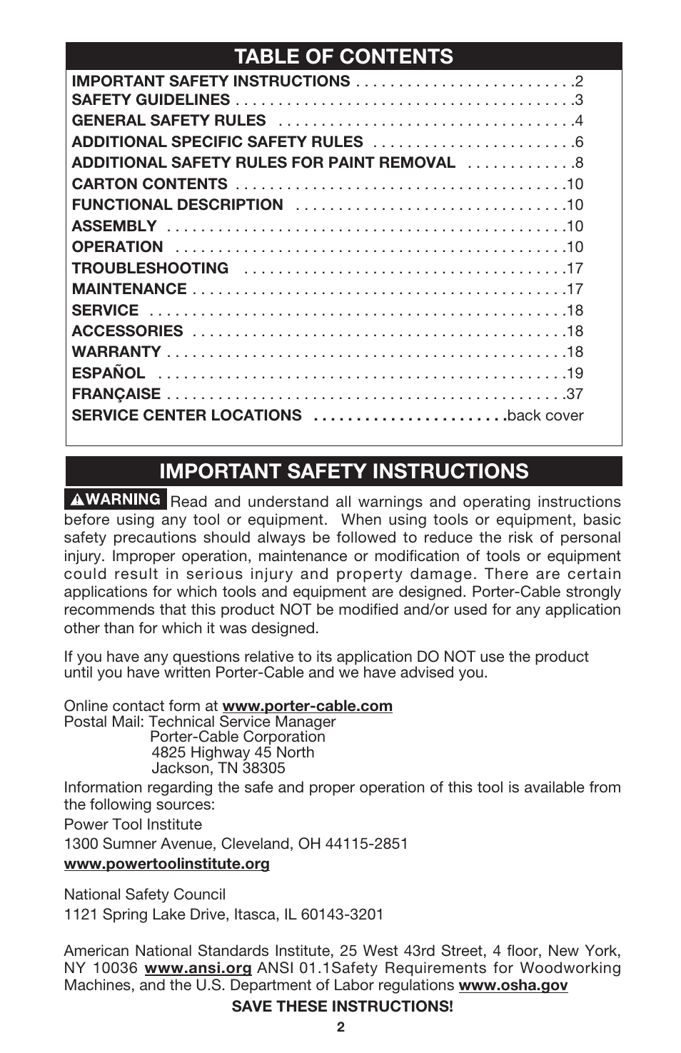 Table of contents important safety instructions | Porter-Cable 444vs User Manual | Page 2 / 19