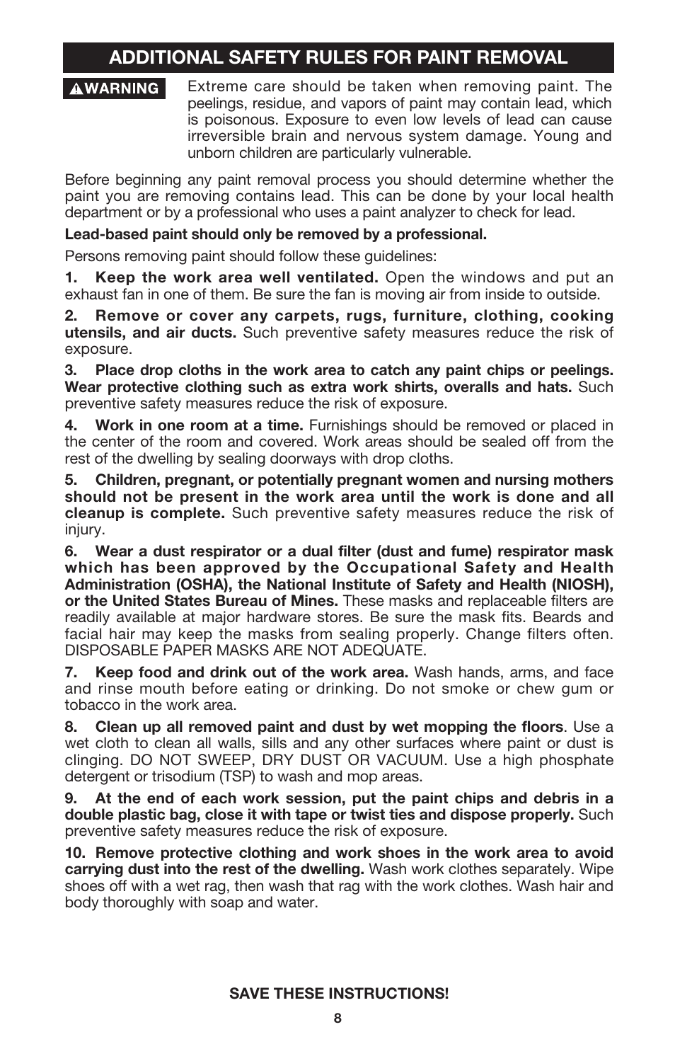 Additional safety rules for paint removal | Porter-Cable 444vs User Manual | Page 8 / 19