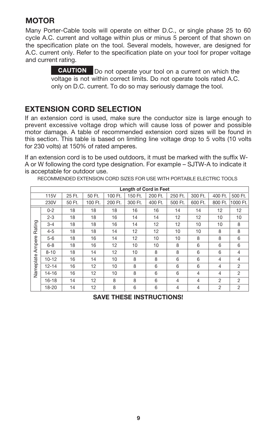 Extension cord selection, Motor | Porter-Cable 444vs User Manual | Page 9 / 19