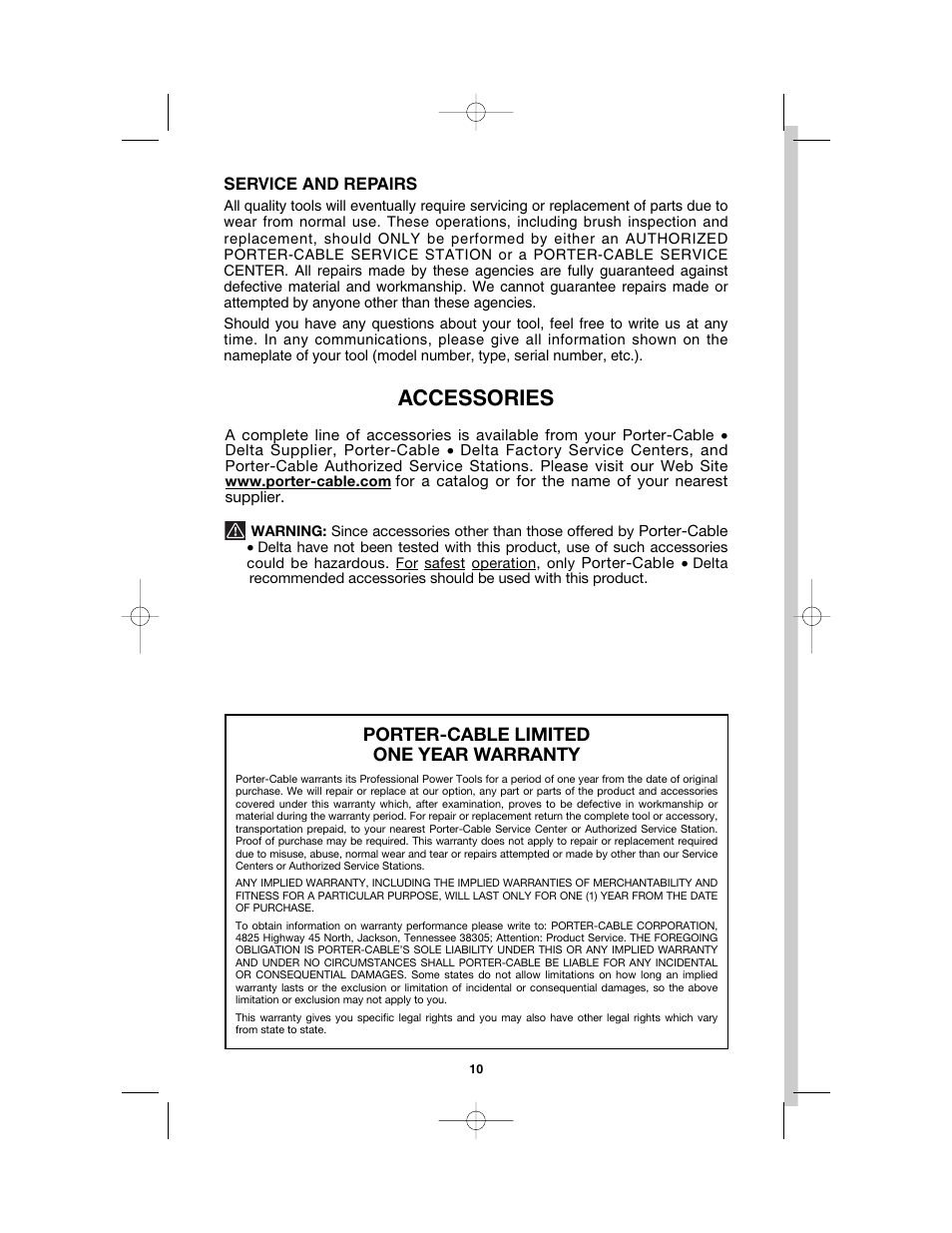Accessories, Porter-cable limited one year warranty | Porter-Cable 121 User Manual | Page 10 / 11