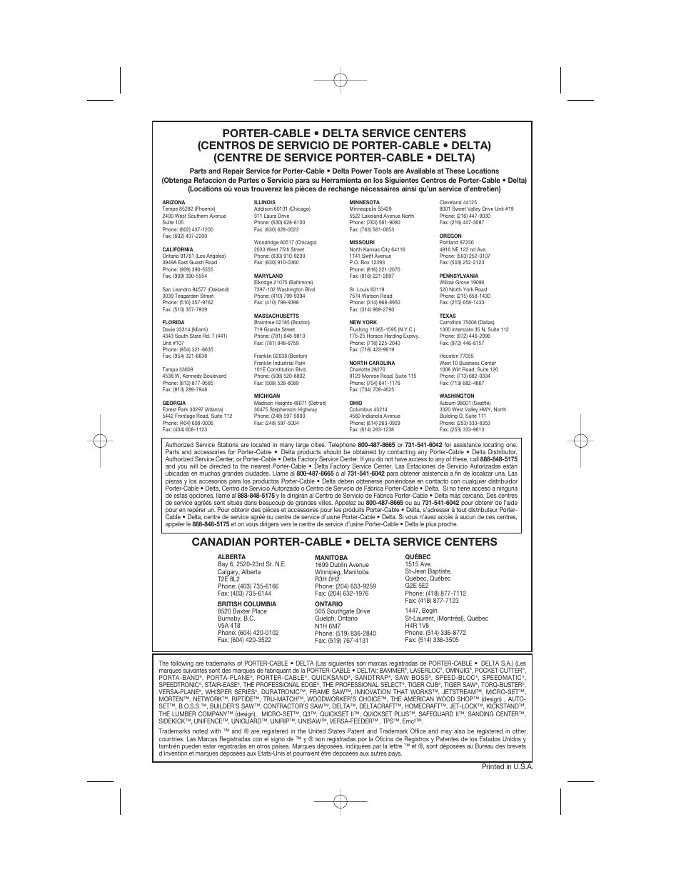Canadian porter-cable • delta service centers | Porter-Cable 121 User Manual | Page 11 / 11