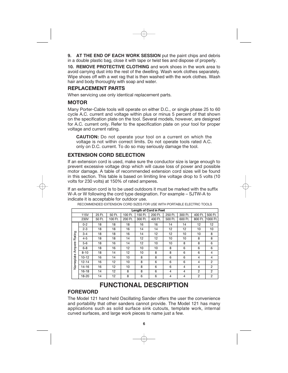 Functional description, Replacement parts, Motor | Extension cord selection, Foreword | Porter-Cable 121 User Manual | Page 6 / 11