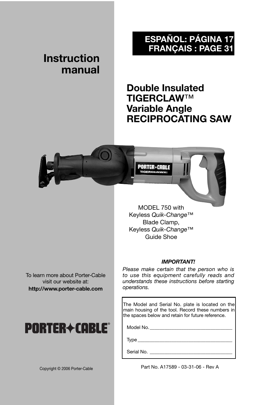 Porter-Cable 750 User Manual | 48 pages