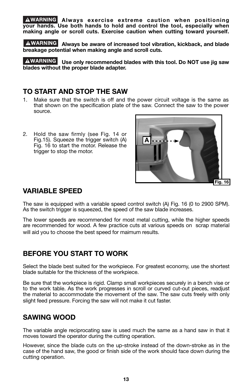 Variable speed, Before you start to work, Sawing wood | Porter-Cable 750 User Manual | Page 13 / 48