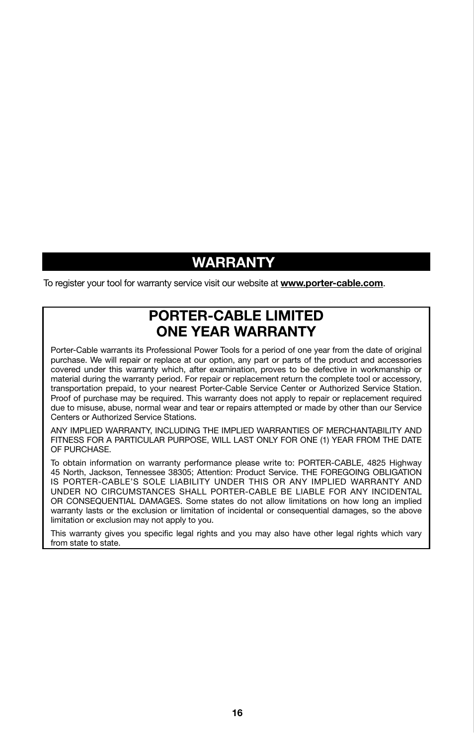 Porter-cable limited one year warranty, Warranty | Porter-Cable 750 User Manual | Page 16 / 48